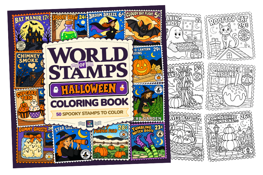 Portada de World of Stamps: Halloween junto a páginas de estampillas para colorear